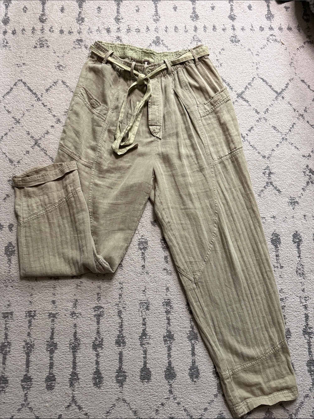 Free People Olive Green Drawstring Linen Blend Pants